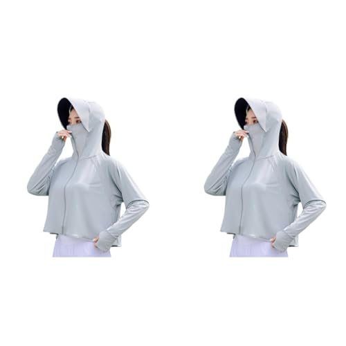 PALAY® Sun Protection Jacket for Women UPF 50 Plus Black Coating Wide Brim Hat Lightweight Full Zip Up Outdoor Running Hiking Hoodie with Face Mask Grey 2 PCS PALAY® Sun Protection Jacket for Women UPF 50 Plus Black Coating Wide Brim Hat Lightweight Full Zip Up Outdoor Running Hiking Hoodie with Face Mask Grey 2 PCS